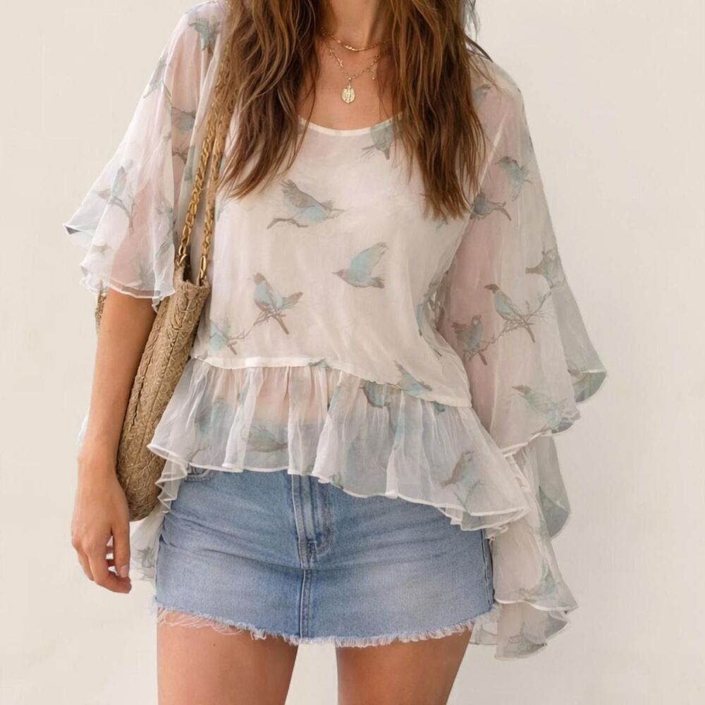 vintage bird print whimsy boho cream layered top | medium fairy